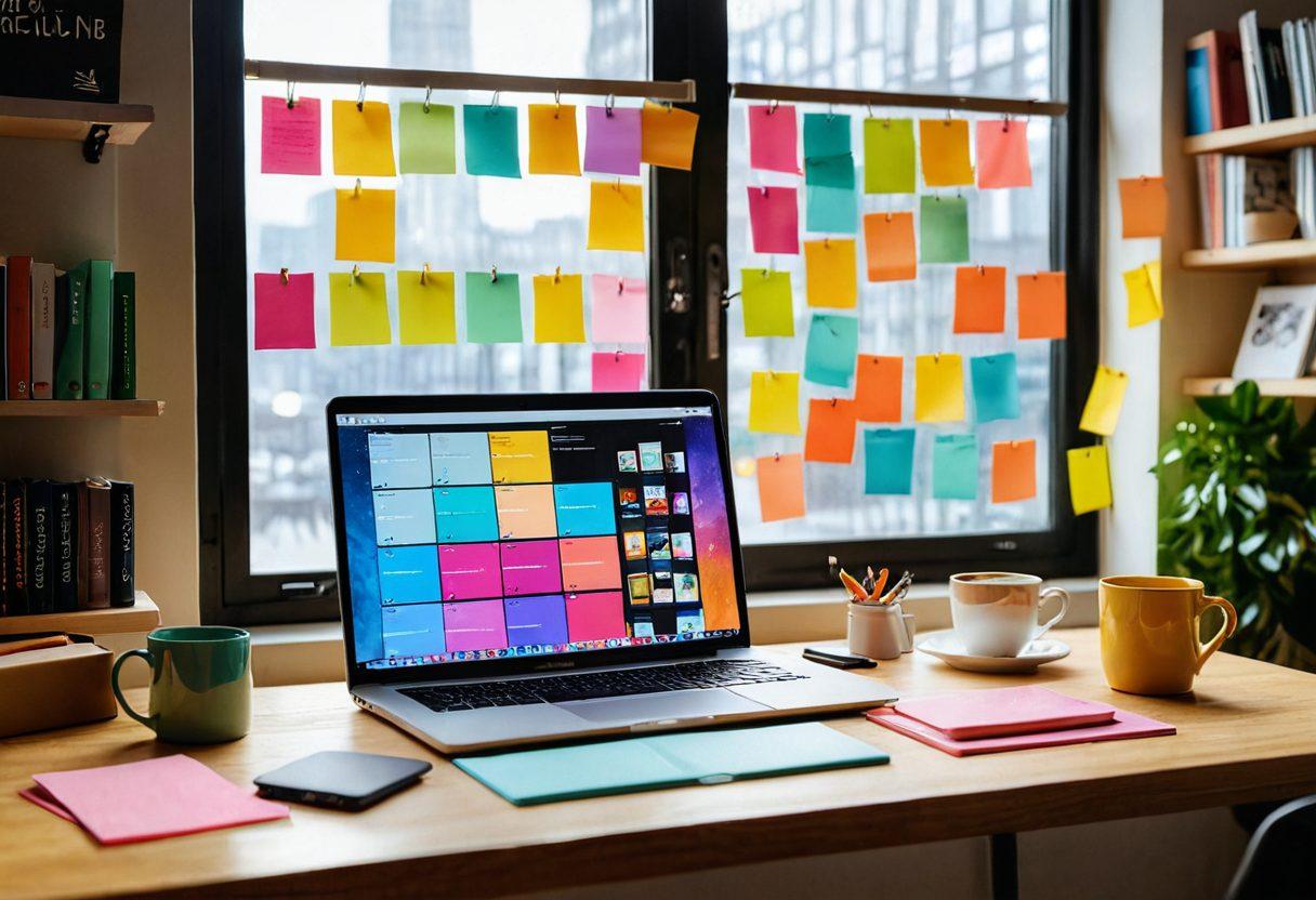 An innovative workspace featuring a sleek laptop with a vibrant screen displaying a blog interface, surrounded by colorful sticky notes, a coffee cup, and modern stationery. In the background, shelves filled with books on blogging and digital marketing, while a large window lets in warm sunlight, creating an inspiring atmosphere. The overall tone should exude creativity and productivity. super-realistic. vibrant colors. warm lighting.