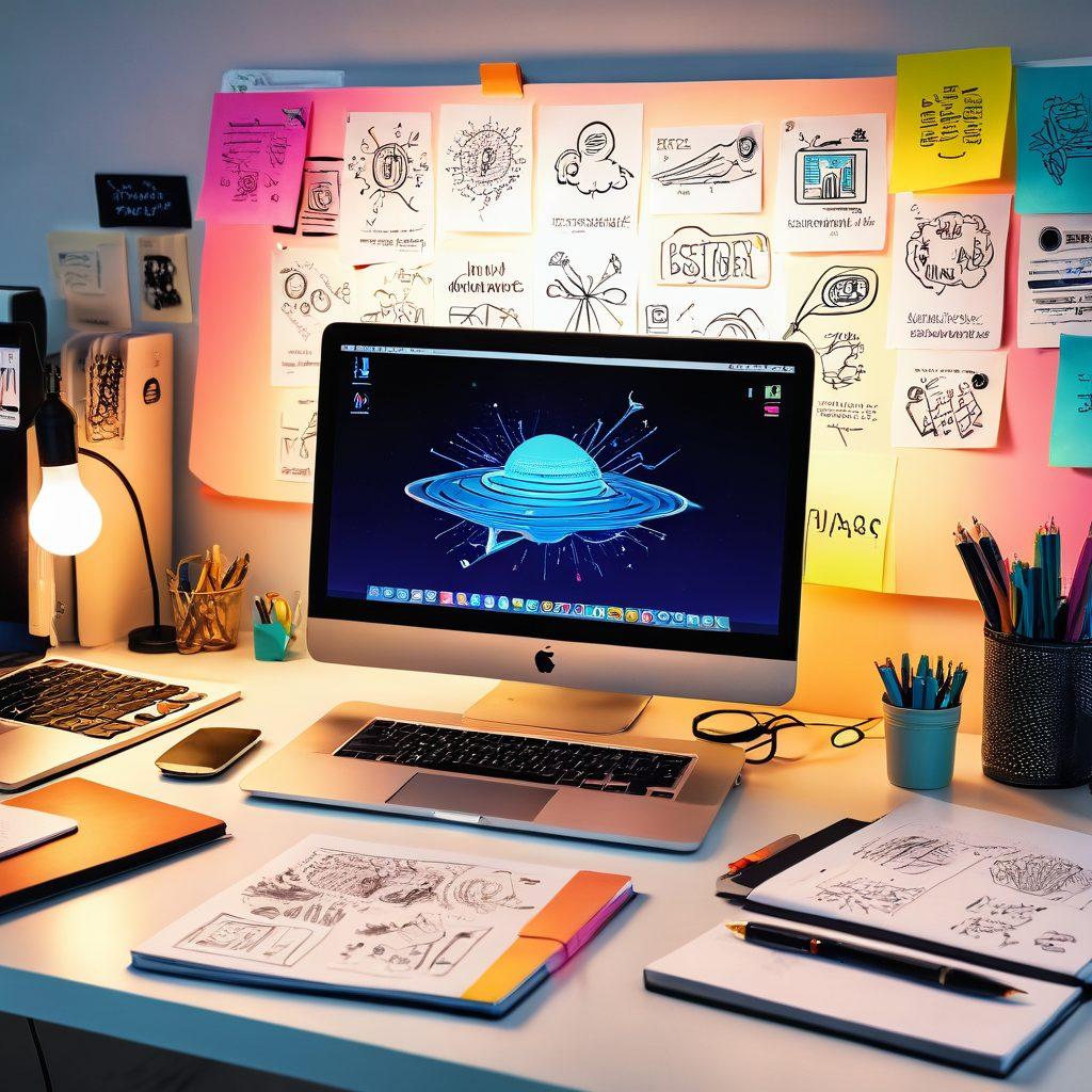 A vibrant digital workspace with a glowing journal open on a sleek desk, surrounded by colorful sticky notes, creative sketches, and a laptop displaying a brainwave diagram. Include elements representing ideas transforming into impactful designs, like lightbulbs and arrows. The atmosphere should feel inspiring and dynamic, with bright colors and innovative gadgets. super-realistic. vibrant colors. white background.