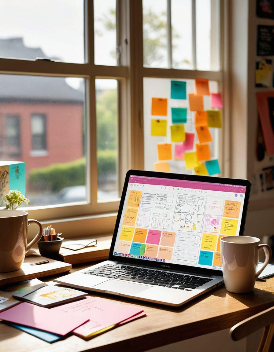 A vibrant workspace filled with colorful post-it notes, a laptop open with a creative blog interface, a steaming cup of coffee beside it, and a digital notepad with sketches and ideas. Bright natural light pouring in through a window, casting interesting shadows. The scene conveys inspiration and creativity. super-realistic. vibrant colors. white background.